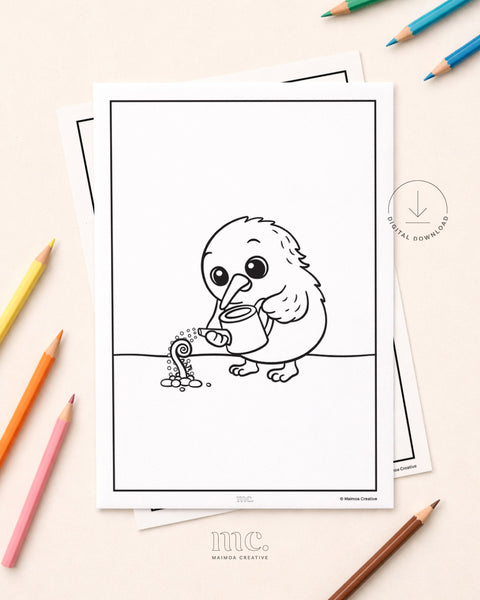 Colouring page of a cartoon kiwi bird watering a fern frond with a watering can