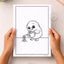 Colouring page of a cartoon kiwi bird watering a fern frond with a watering can
