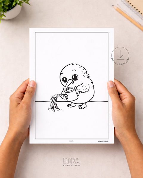 Colouring page of a cartoon kiwi bird watering a fern frond with a watering can