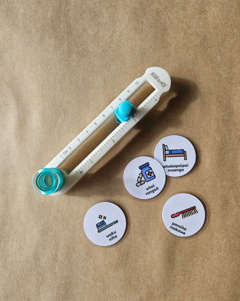 circle cutter tool with circular labels featuring icons and text in te reo Māori