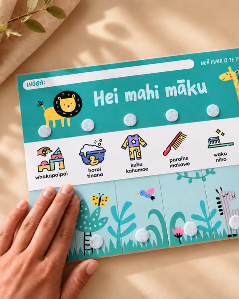 te reo māori flip chart with zoo animals and bedtime routine tasks with velcro dots on a light background