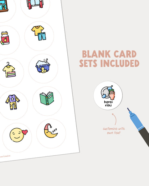 Printable te reo Māori routine cards with blank customisable cards for whānau routines and chores