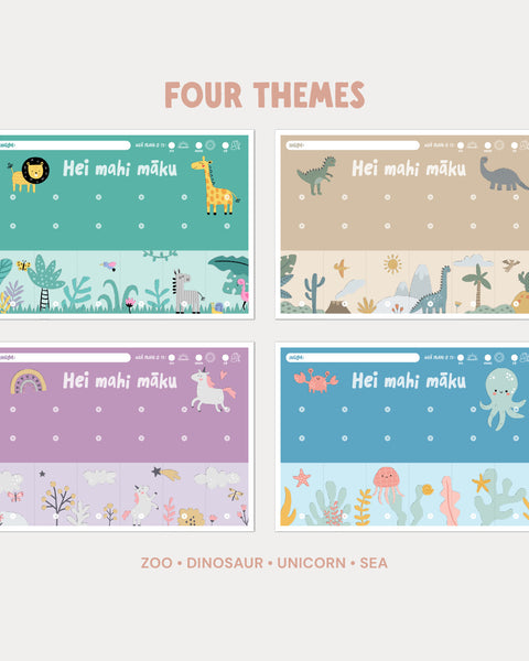 Te reo Māori routine chart themes for kids including zoo dinosaur unicorn and sea printable charts