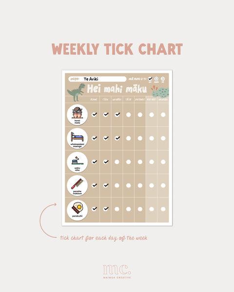 Te Reo Māori Weekly tick chart with icons and checkboxes on a beige dinosaur theme background
