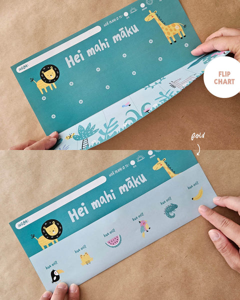 reo Māori Flip chart with zoo animal illustrations assembly