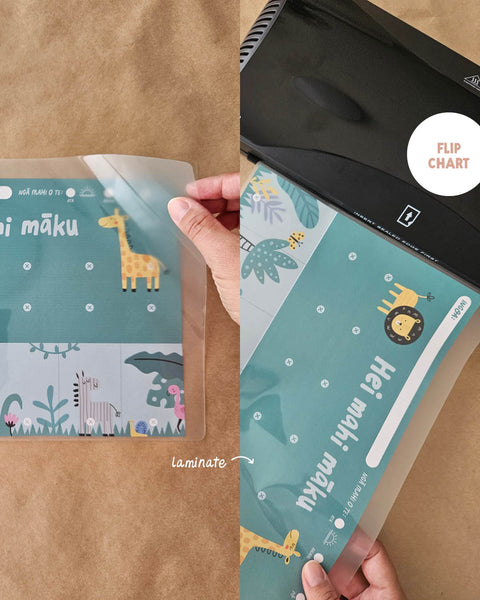 Laminating a children's reo Māōri routine flip chart with zoo animal illustrations