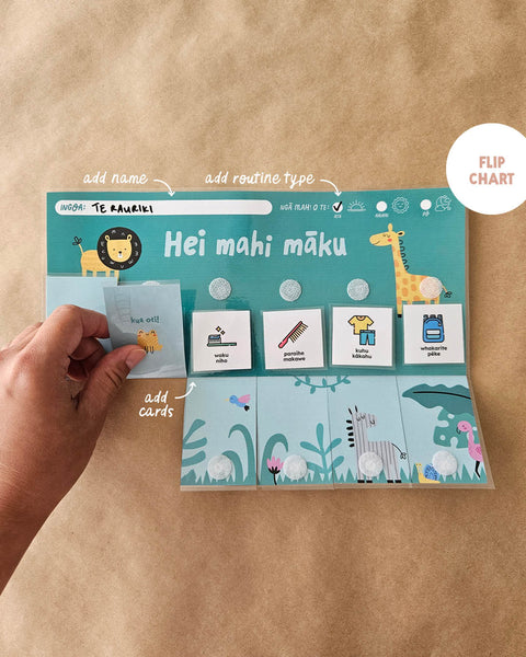 Te Reo Māori routine flip chart with zoo animal illustrations