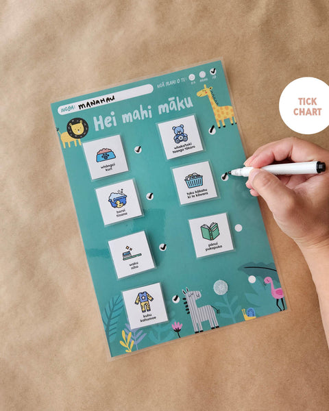 Te Reo Māori evening routine tick chart with zoo animal illustrations