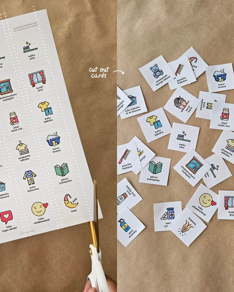 Sheet of reo Māori routine cards with illustrations being trimmed into small white squares