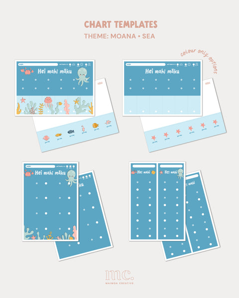 Sea theme te reo Māori printable routine chart templates with plain colour-only chart options