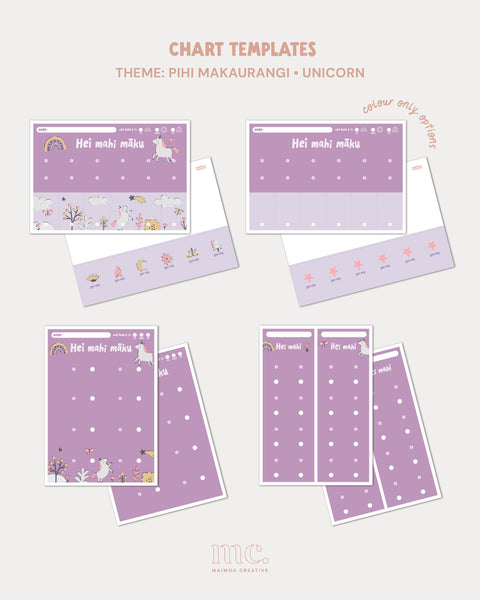 Unicorn theme te reo Māori printable routine chart templates with plain colour-only chart options
