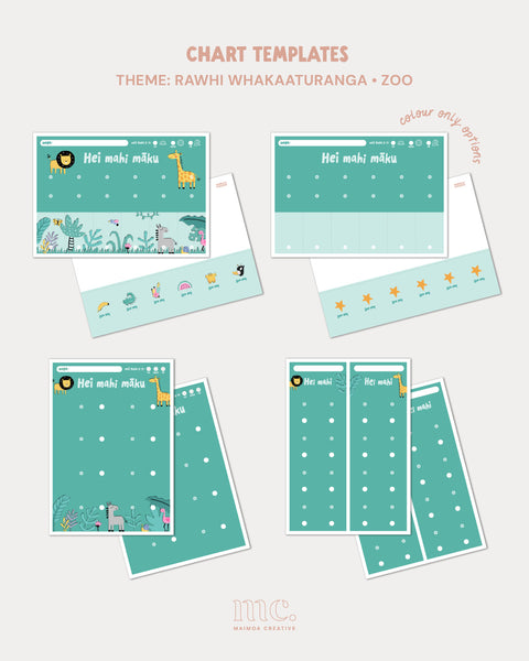 Zoo theme te reo Māori printable routine chart templates with plain colour-only chart options