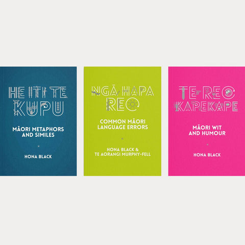 Three brightly coloured book covers by Hona Black, titled 'He Iti Te Kupu', 'Ngā Hapa Reo', and 'Te Reo Kapekape' on a light background, as a book bundle.