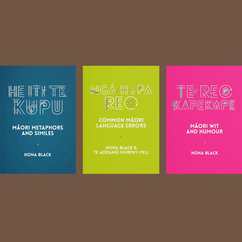 Three brightly coloured book covers by Hona Black, titled 'He Iti Te Kupu', 'Ngā Hapa Reo', and 'Te Reo Kapekape' on a dark brown background, as a book bundle.