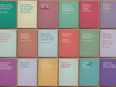 Collection of 12 colourful greeting cards with cheeky Māori themed messages for various occasions.