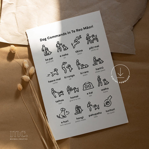Sheet of paper with dog commands in Te Reo Māori on a brown surface with dried flowers.